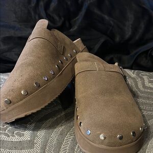 Brown Suede Studded Clogs